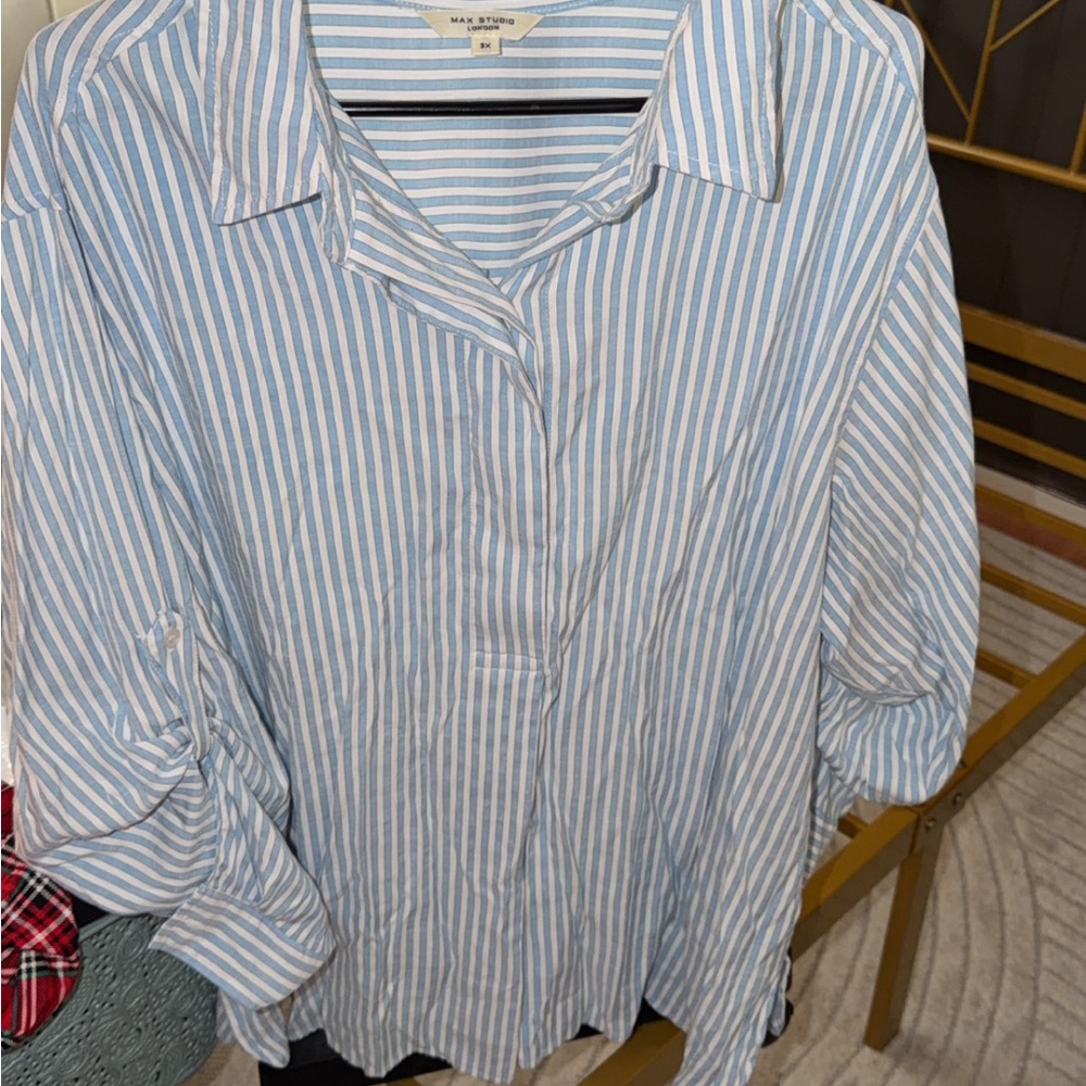 Max Studio Blue and White Striped Button Down Shirt